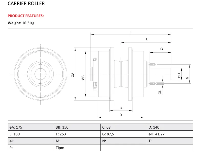 EC200 Carrier Roller Top Roller and Upper Roller drawing