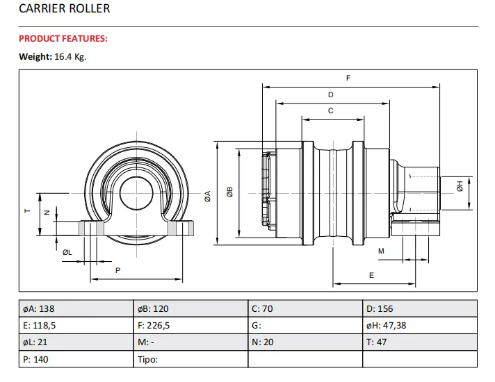JS220 Carrier Roller Top Roller and Upper Roller drawing